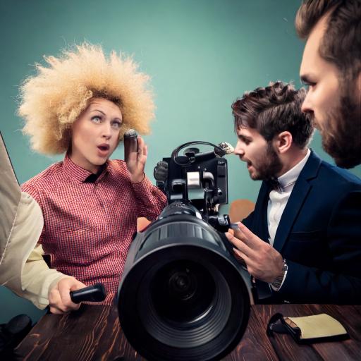 Firefly create a satire image of a weird guy talking into a big microphone and girl doing makeup inf (1)