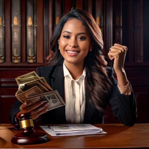 Firefly generate a realistic image of lawyer sitting in a court room winning a money settlement 5013