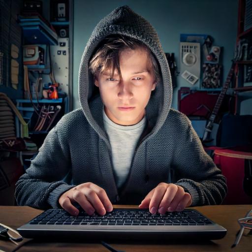 Firefly realistic image of a closeup 18 yr old with a ignorant face with a hoodie typing with a back