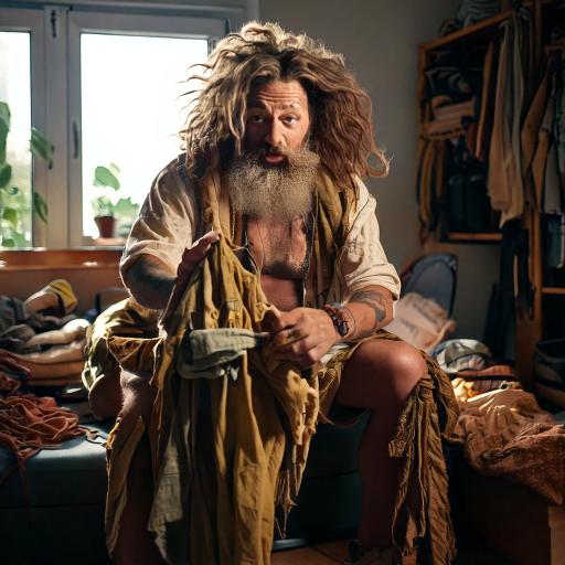 Firefly realistic image of person stressed out trying to learn how to put on clothes after living li