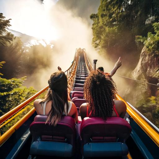 Firefly realistic image of roller coaster riders going up, a view from behind the subject, subject i