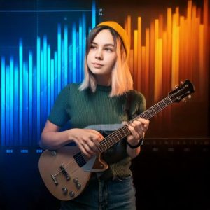 Firefly make a realistic image of pretty white artist player with a low trend bar behind him 13493