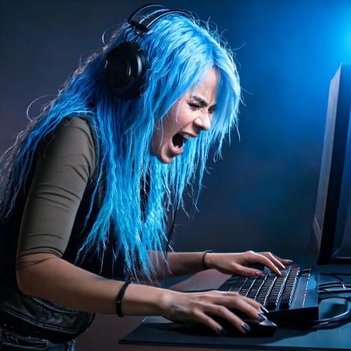Firefly make me a realistic image of a light blue hair gamer crying smashing on keyboard playing sid