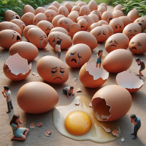 a realistic dozen eggs all broken on the ground with sad people crying
