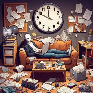 A humorous depiction of procrastination, featuring a person lounging on a couch surrounded by unfinished tasks, a cluttered desk, and a clock showing 11_59 PM.