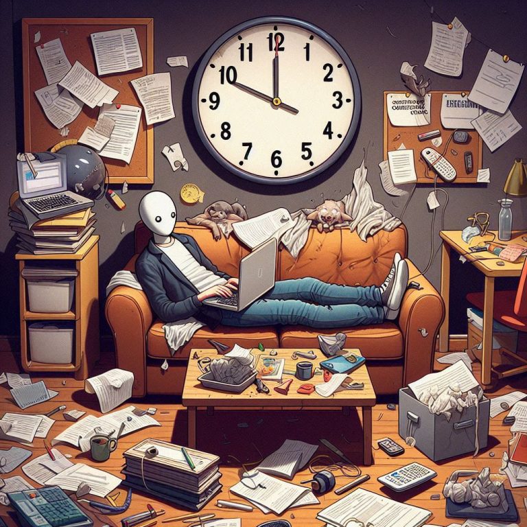A humorous depiction of procrastination, featuring a person lounging on a couch surrounded by unfinished tasks, a cluttered desk, and a clock showing 11_59 PM.
