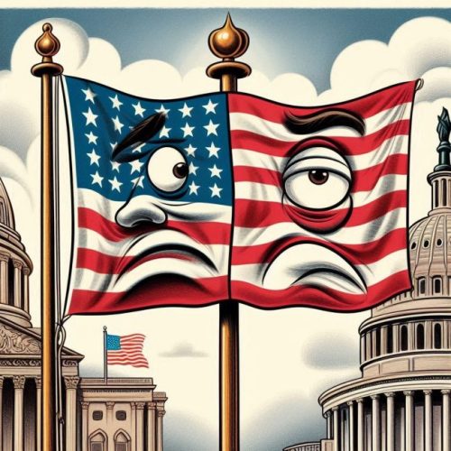 A satirical illustration of a confused American flag at half-mast, with a backdrop of a church and a government building, symbolizing the debate between church and state.