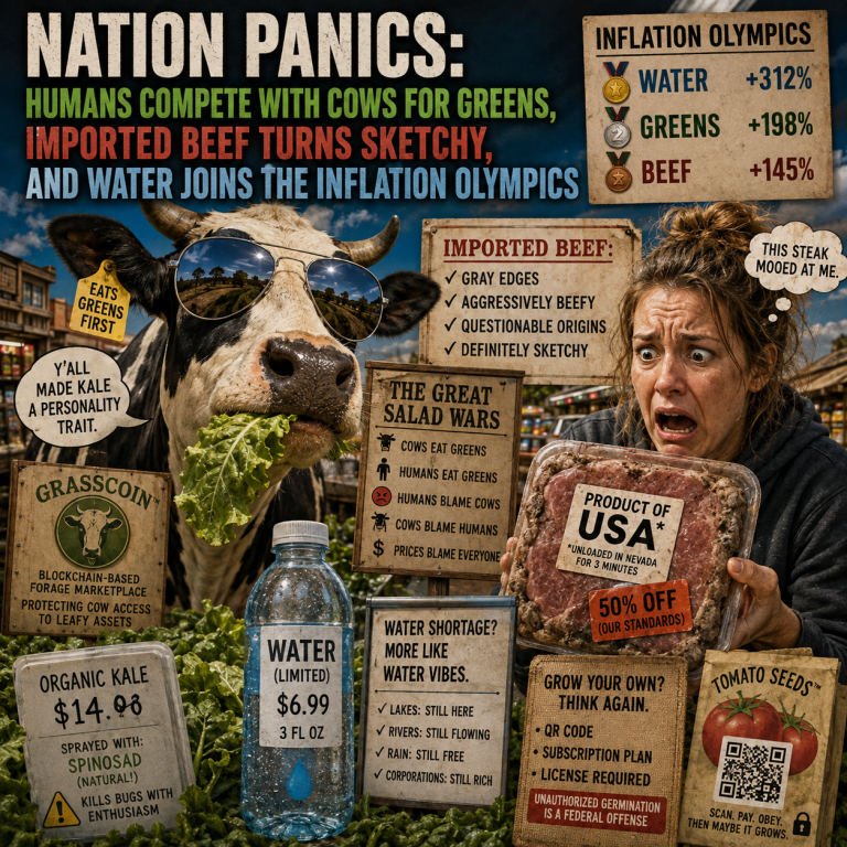 Nation Panics as Humans Compete With Cows for Greens, Imported Beef Turns Sketchy, and Water Joins the Inflation Olympics