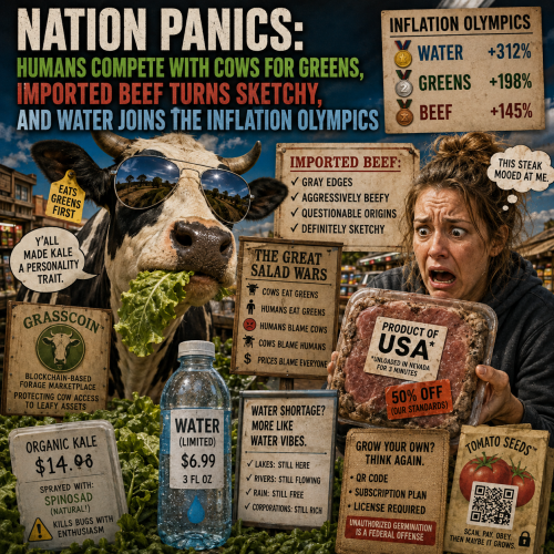 Nation Panics as Humans Compete With Cows for Greens, Imported Beef Turns Sketchy, and Water Joins the Inflation Olympics